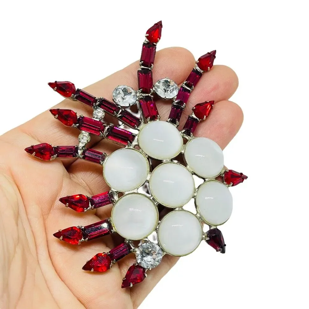 CZECHO SLOVAKIA signed vintage silver glass stones designer massive brooch